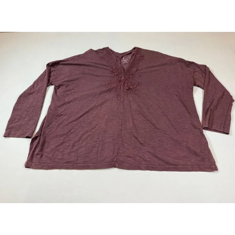 Caite Boho Style Burgundy Embroidered Long Sleeve Top 100% Cotton L (bin ii95) - Picture 1 of 8